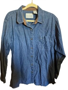 Basic Editions Men's Denim Button-Down Shirt in Blue with Brown Collar Trim